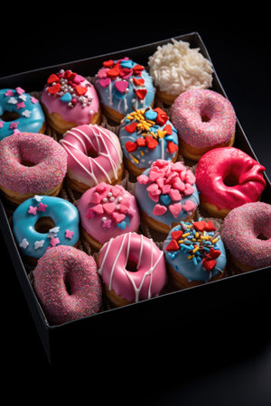 Assortment of Heart-Shaped Donuts - Colorful Icings on Dark Surface, Valentine's Day Conceptの素材