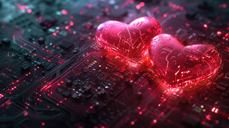 Love Meets Technology - Illuminated Heart Circuitry on Electronic Motherboard, Valentine's Day Conceptの素材