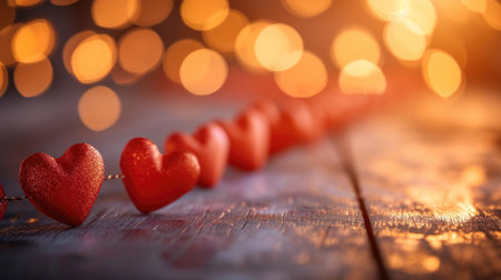 Red Paper Heart Garland on Wooden Surface - Cozy and Romantic Bokeh Lights, Valentine's Day Conceptの素材