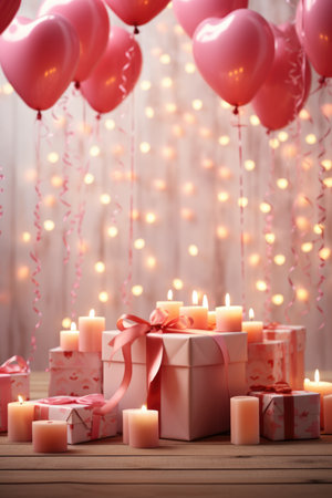 Minimalist Elegance with White Gift Box - Red Ribbon and Hearts on Pink Backdrop, Valentine's Day Conceptの素材