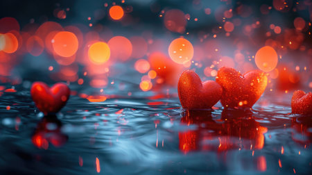 Hearts Afloat in Atmospheric Glow - Reflective Surface and Dark Background, Valentine's Day Conceptの素材