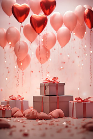 Minimalist Elegance with White Gift Box - Red Ribbon and Hearts on Pink Backdrop, Valentine's Day Conceptの素材