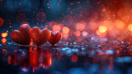 Hearts Afloat in Atmospheric Glow - Reflective Surface and Dark Background, Valentine's Day Conceptの素材