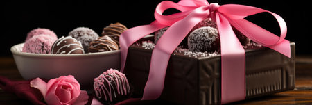 Festive Chocolate Truffles and Gift Box - Rustic Contrast on Dark Wood, Valentine's Day Conceptの素材
