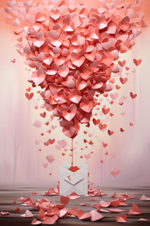 Envelope Overflowing with Paper Hearts - Soft Peach Background, Valentine's Day Conceptの素材