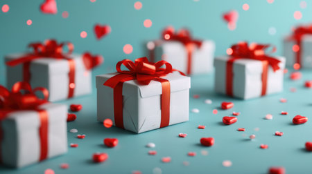 White Gift Boxes with Red Ribbons - Linear Arrangement on Soft Blue, Valentine's Day Conceptの素材
