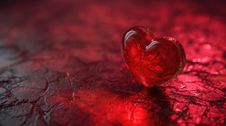 Glossy Red Heart on Textured Backdrop - Simplicity and Symmetry in Soft Illumination, Valentine's Day Conceptの素材