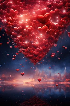 Dreamlike Heart Constellation - Panoramic Misty Space with Warm Glow, Valentine's Day Conceptの素材
