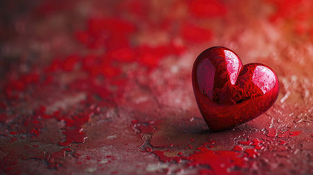 Glossy Red Heart on Textured Backdrop - Simplicity and Symmetry in Soft Illumination, Valentine's Day Conceptの素材