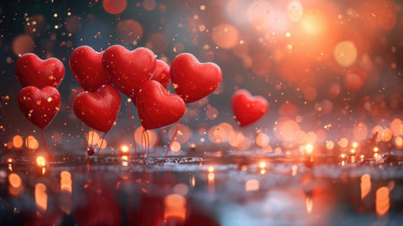 Heart-Shaped Balloons in Glossy Red - Romantic Panoramic Scene with Bokeh Lights, Valentine's Day Conceptの素材