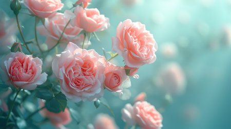 Serene Pink Roses: Soft Petals Floating Against Light Blue Backdrop - Valentine's Day Conceptの素材