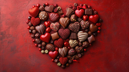 Abundant Heart-Shaped Chocolates - Festive Indulgence on Rich Red Background, Valentine's Day Conceptの素材