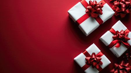 Minimalist White Gift Boxes - Shiny Red Ribbons on Red Background, Valentine's Day Conceptの素材
