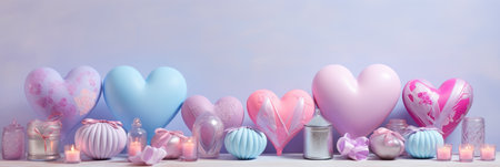 Pastel Hearts Assortment: Soft Colors on Blue Surface for Valentine's Day Conceptの素材
