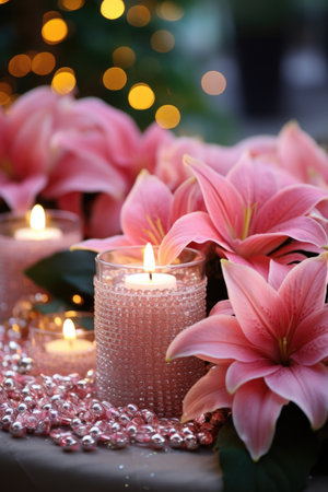 Festive Poinsettia Display: Pink Poinsettias with Green Foliage and Silver Beads - Valentine's Day Conceptの素材