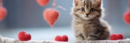 Adorable Tabby Kitten with Knitted Heart: Innocence and Love on Textured Blanket - Valentine's Day Conceptの素材