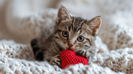 Adorable Tabby Kitten with Knitted Heart: Innocence and Love on Textured Blanket - Valentine's Day Conceptの素材