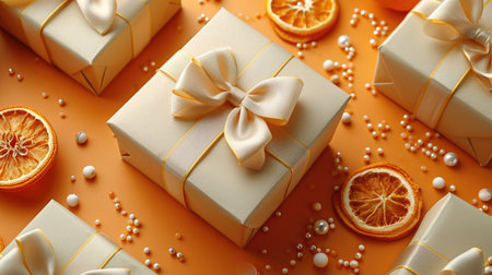Golden Gift Box Ensemble: Vibrant Orange Backdrop with Festive Decor - Valentine's Day Conceptの素材