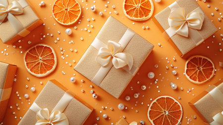 Golden Gift Box Ensemble: Vibrant Orange Backdrop with Festive Decor - Valentine's Day Conceptの素材
