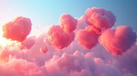 Whimsical Heart Clouds: Fluffy Shapes in Light Blue Sky - Valentine's Day Conceptの素材