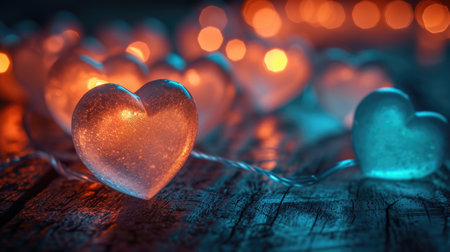 Illuminated Hearts on Rustic Wood: Warm Teal and Pink Glow with Bokeh Effect - Valentine's Day Conceptの素材