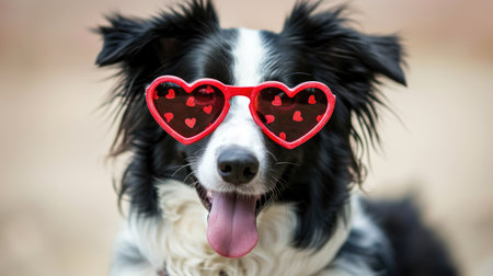 Fashionable Border Collie in Heart-Shaped Sunglasses: Carefree Vibes on Light Backdrop - Valentine's Day Conceptの素材