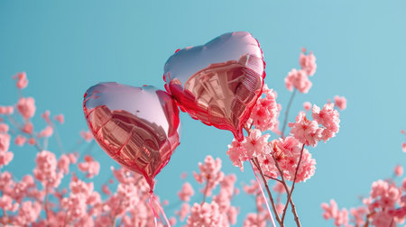 Glossy Heart Balloons: Pink Reflections Under Cherry Blossom Trees - Valentine's Day Conceptの素材