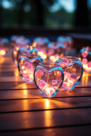 Illuminated Hearts on Rustic Wood: Warm Teal and Pink Glow with Bokeh Effect - Valentine's Day Conceptの素材