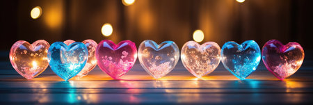 Illuminated Hearts on Rustic Wood: Warm Teal and Pink Glow with Bokeh Effect - Valentine's Day Conceptの素材