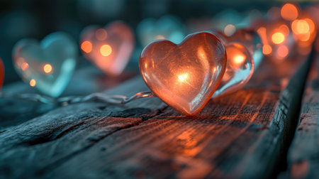 Illuminated Hearts on Rustic Wood: Warm Teal and Pink Glow with Bokeh Effect - Valentine's Day Conceptの素材