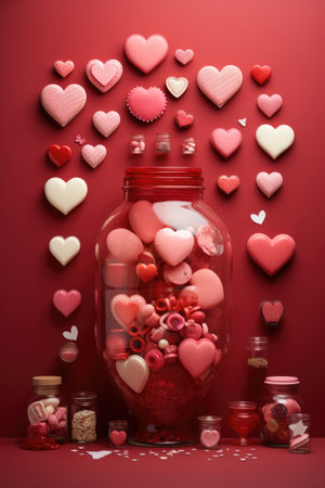 Festive Valentine's Layout: Red Background with Hearts and Decorations - Valentine's Day Conceptの素材