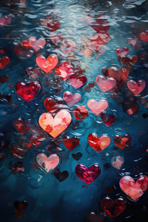 Underwater Hearts: Blue and Red Hues in Dreamy Liquid Environment - Valentine's Day Conceptの素材