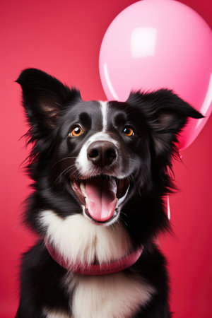 Playful Border Collie with Heart Balloon: Joyful Celebration on Soft Background - Valentine's Day Conceptの素材