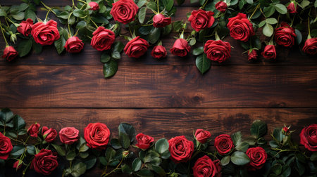 Lush Rose Border on Dark Wood: Romantic Floral Arrangement - Valentine's Day Conceptの素材