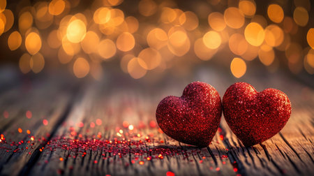 Enchanted Red Hearts on Timber: Glitter and Bokeh Lights on Wood - Valentine's Day Conceptの素材