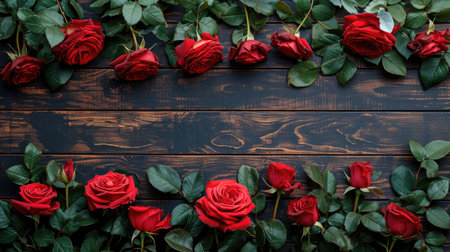 Lush Rose Border on Dark Wood: Romantic Floral Arrangement - Valentine's Day Conceptの素材