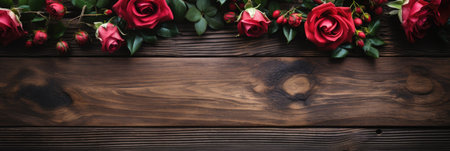 Lush Rose Border on Dark Wood: Romantic Floral Arrangement - Valentine's Day Conceptの素材