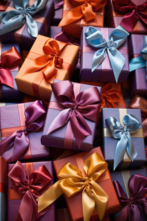 Festive Gift Boxes Extravaganza: Colorful Presents with Satin Ribbons - Valentine's Day Conceptの素材