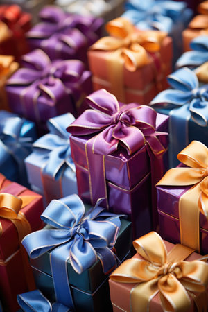 Festive Gift Boxes Extravaganza: Colorful Presents with Satin Ribbons - Valentine's Day Conceptの素材