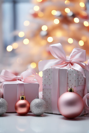 Cozy Pink Christmas Scene: White Tree and Elegant Gifts with Bokeh - Valentine's Day Conceptの素材