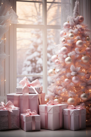Cozy Pink Christmas Scene: White Tree and Elegant Gifts with Bokeh - Valentine's Day Conceptの素材