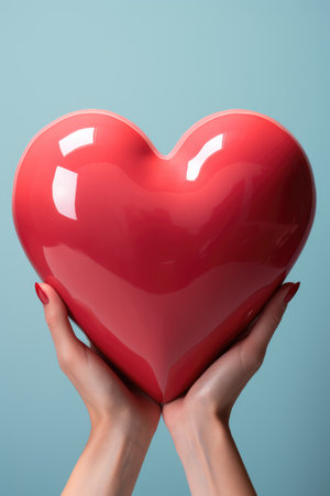 Tender Presentation of Love: Hands Holding a Glossy Red Heart - Valentine's Day Conceptの素材
