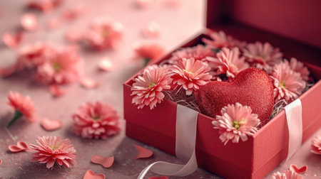 Thoughtful Valentine's Gift Box: Red Box with Pink Paper Flowers - Valentine's Day Conceptの素材