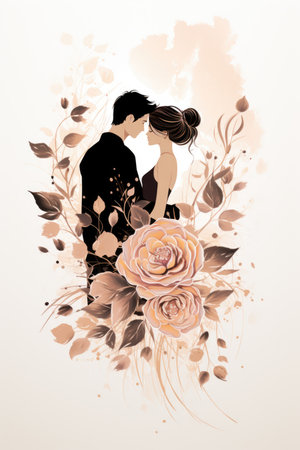 Romantic Floral Silhouette: Pale Pink Roses and Golden Leaves on White - Valentine's Day Conceptの素材