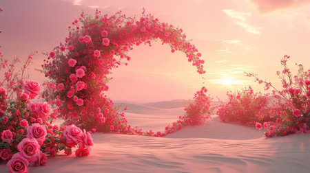 Romantic Oasis in the Desert: Rose Circle Under Pastel Sunset - Valentine's Day Conceptの素材
