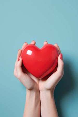 Tender Presentation of Love: Hands Holding a Glossy Red Heart - Valentine's Day Conceptの素材