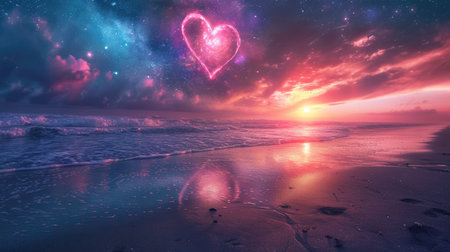 Surreal Cosmic Love at the Beach: Heart Nebula and Twilight Shore - Valentine's Day Conceptの素材