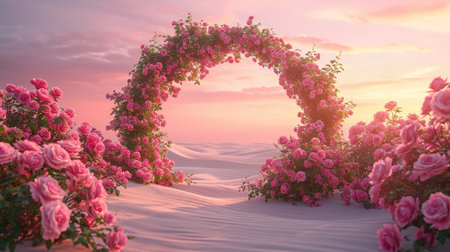 Romantic Oasis in the Desert: Rose Circle Under Pastel Sunset - Valentine's Day Conceptの素材