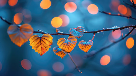 Enchanted Heart-Shaped Leaves on Branch: Blue and Orange in Bokeh Light - Valentine's Day Conceptの素材