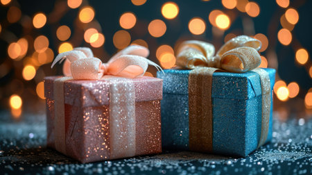 Magical Gift Boxes with Bokeh Lights: Pink and Blue Presents with Golden Glow - Valentine's Day Conceptの素材